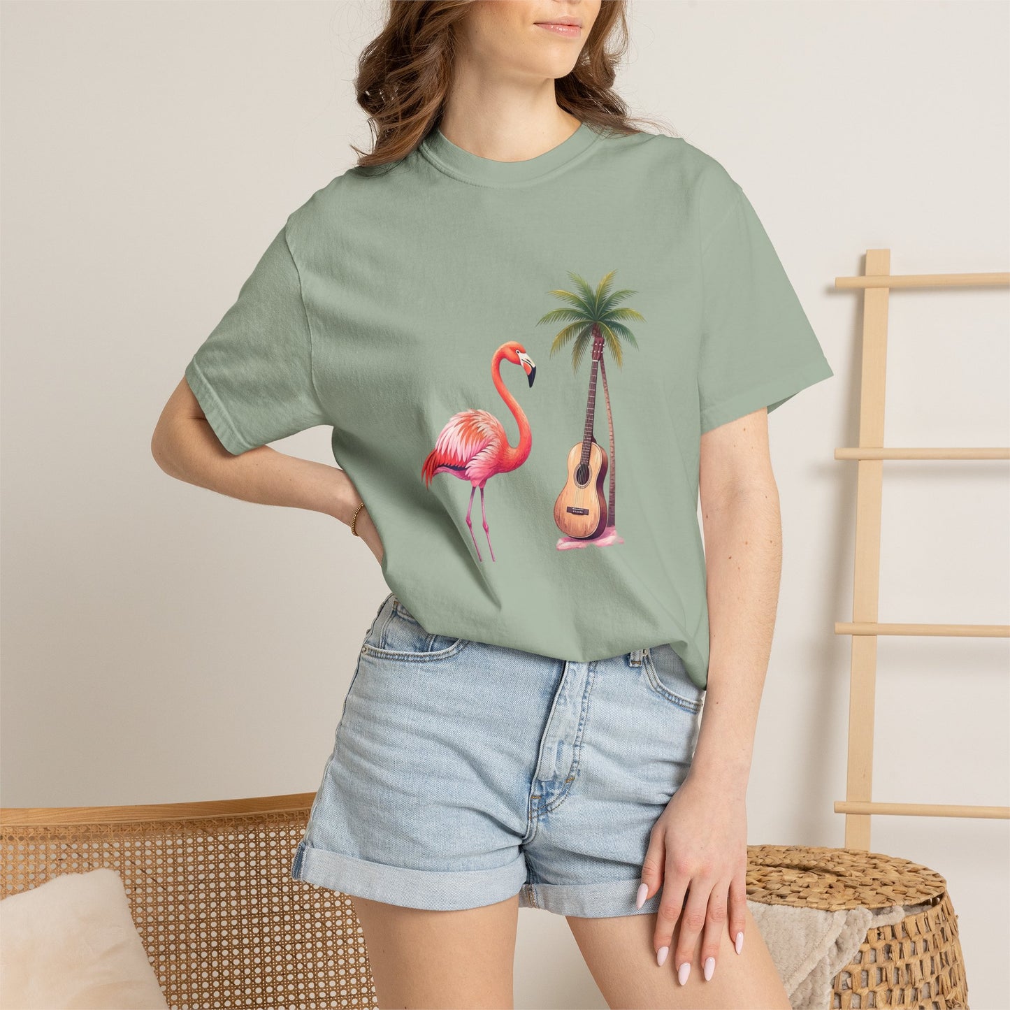 T-Shirt — Tropical Flamingo & Guitar Graphic Tee