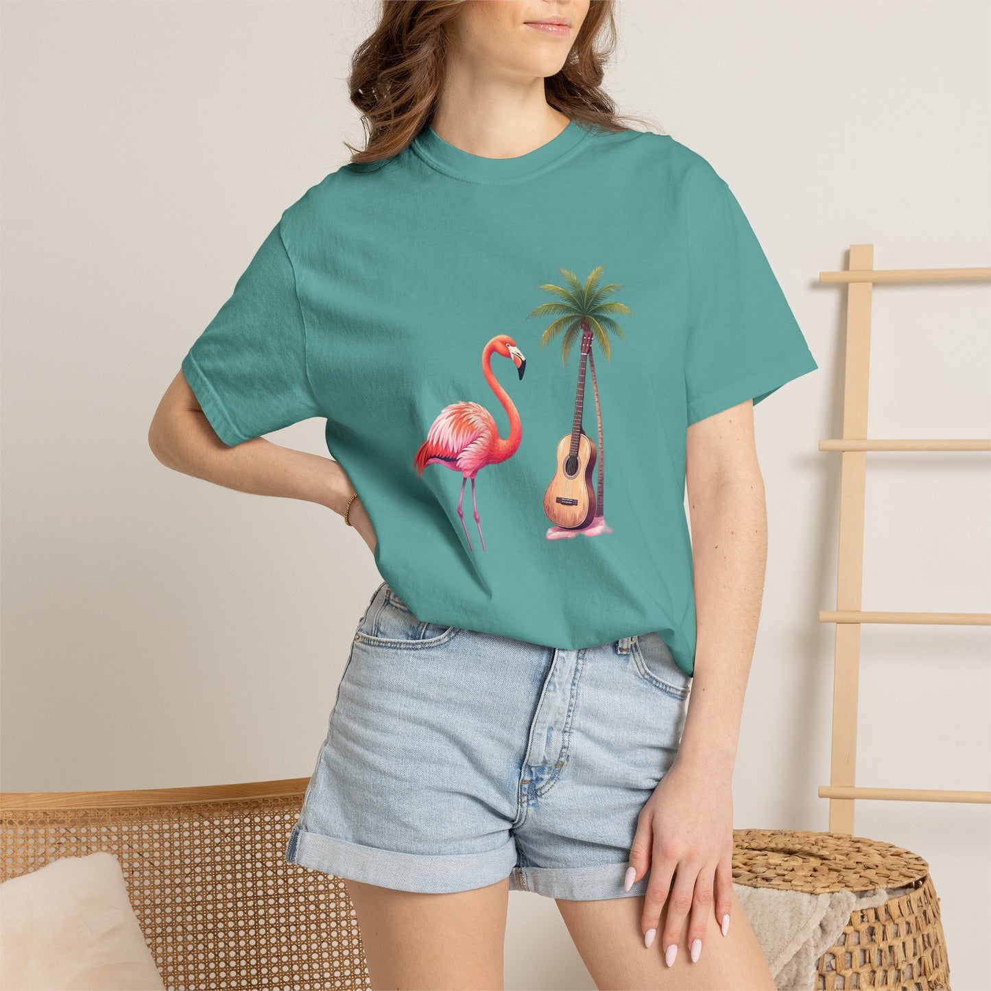 T-Shirt — Tropical Flamingo & Guitar Graphic Tee