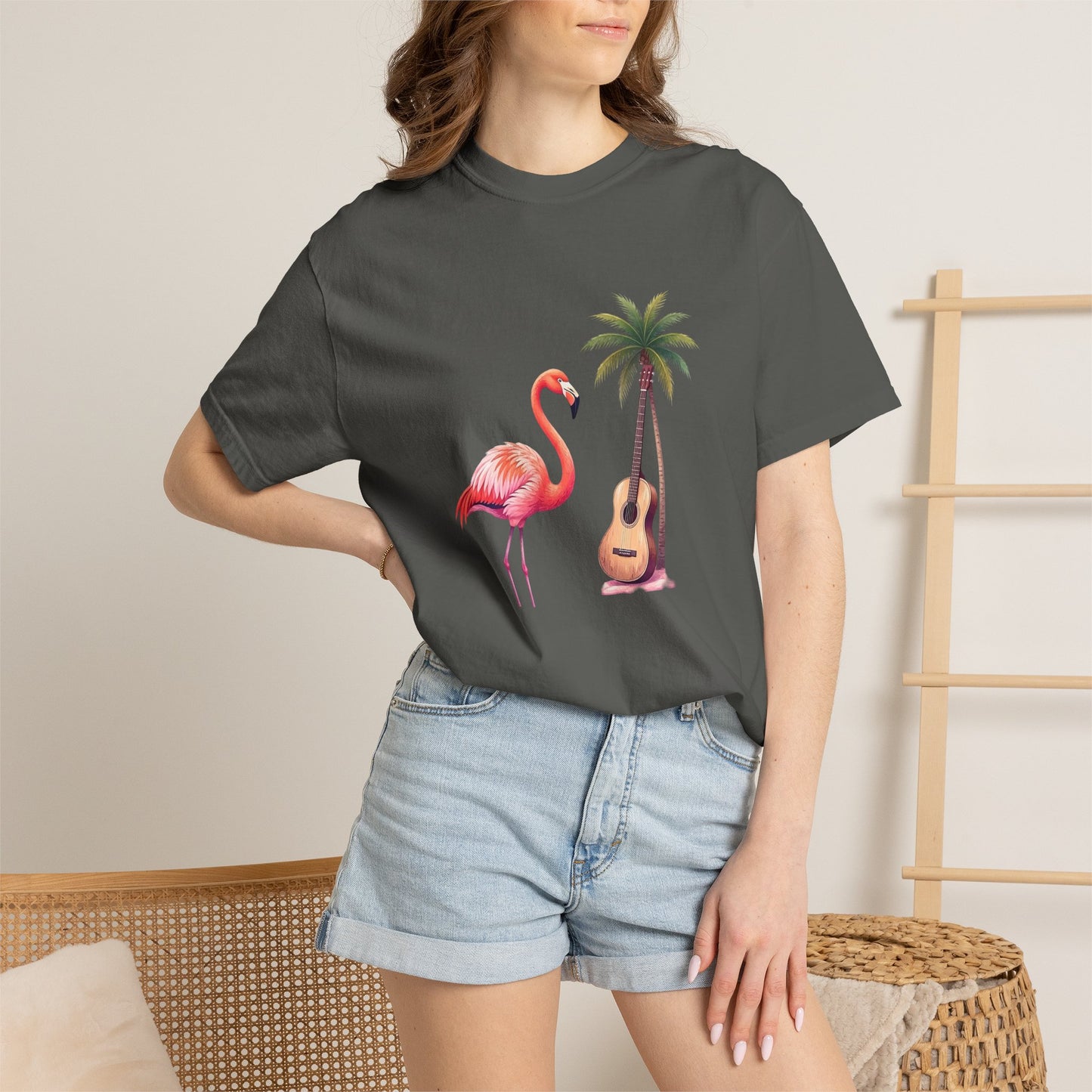 T-Shirt — Tropical Flamingo & Guitar Graphic Tee