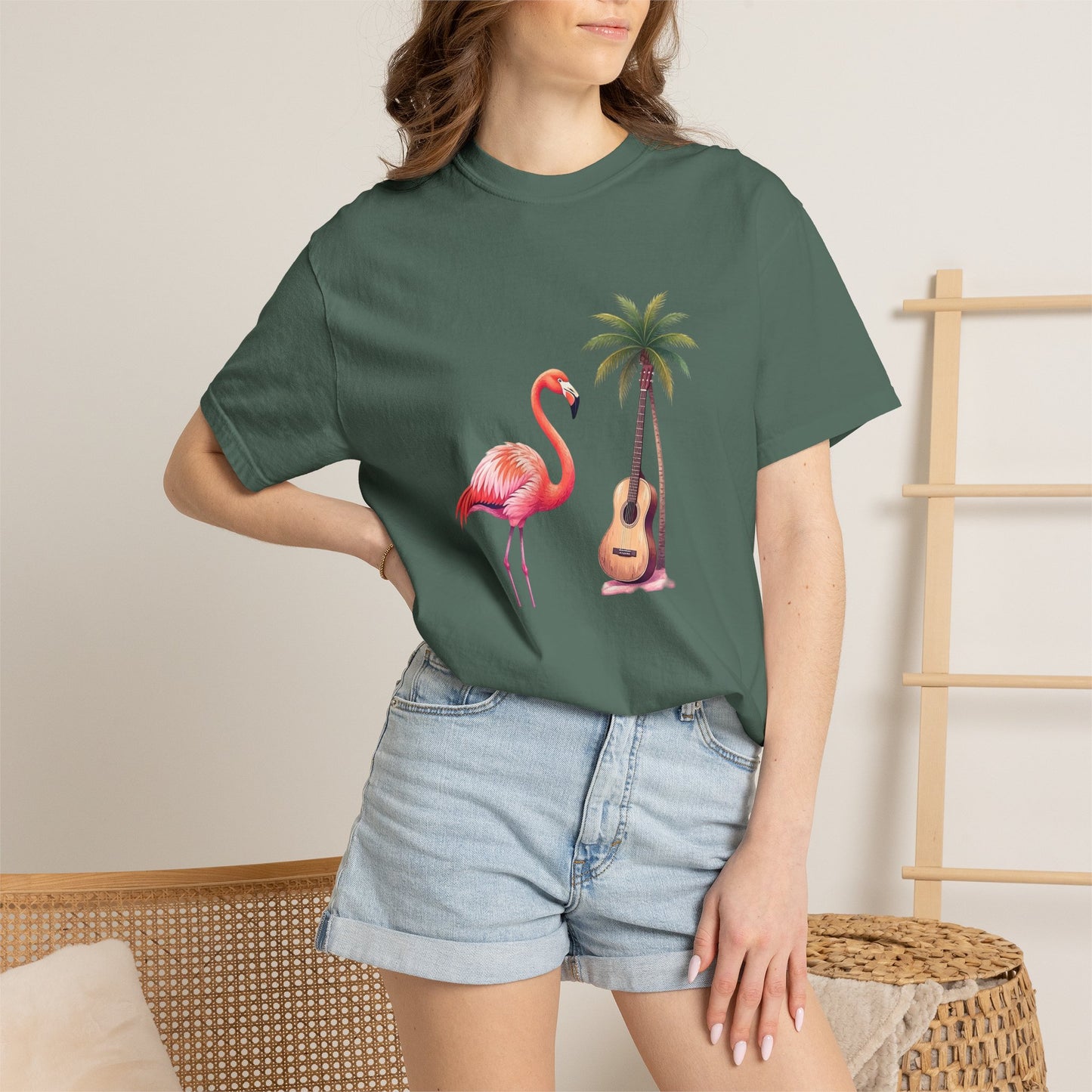 T-Shirt — Tropical Flamingo & Guitar Graphic Tee