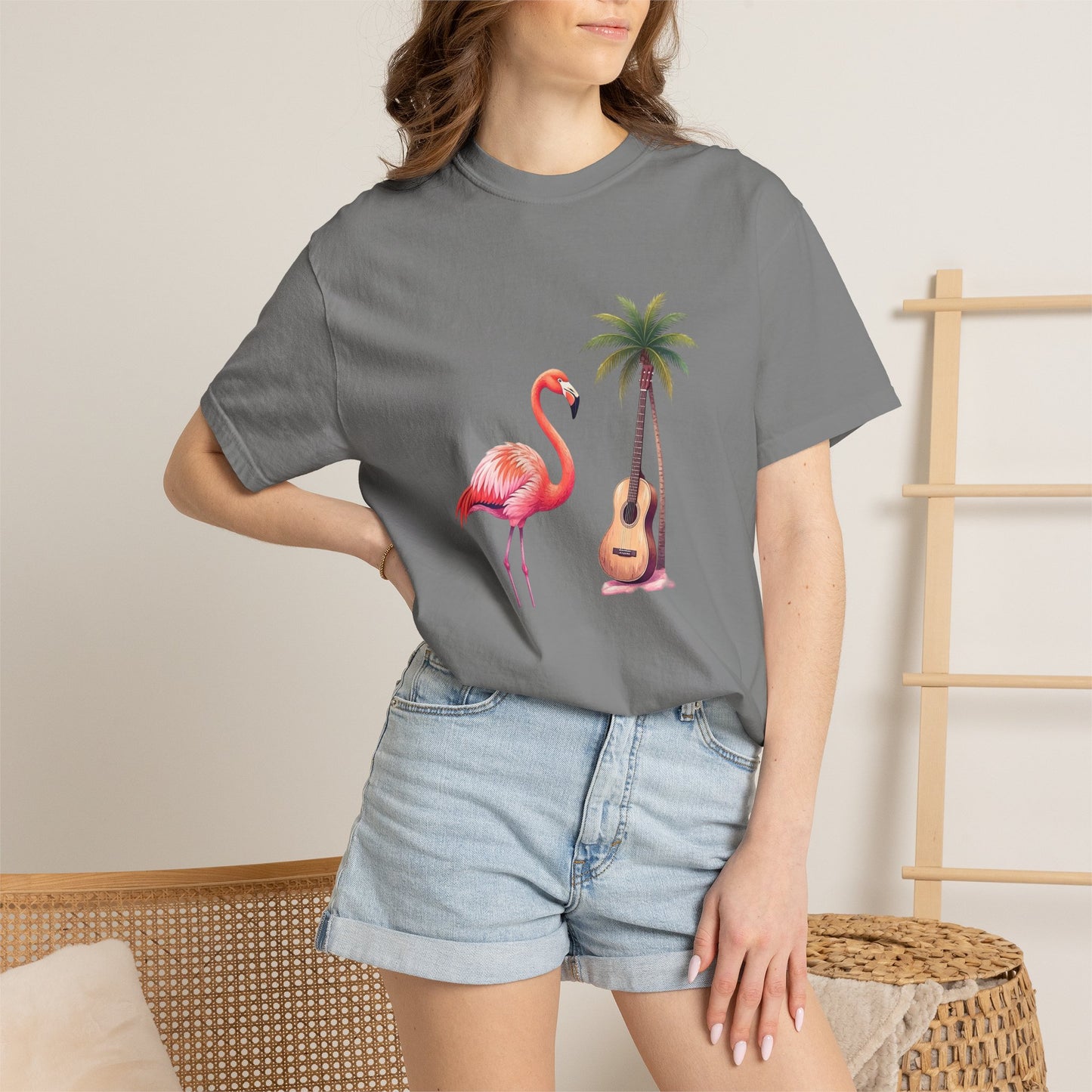 T-Shirt — Tropical Flamingo & Guitar Graphic Tee